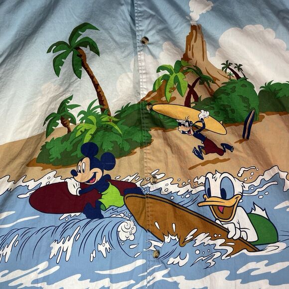 Disney Store 2XL Hawaiian Shirt Mickey Goofy Donald Surfing Aloha Shirt - Picture 2 of 6